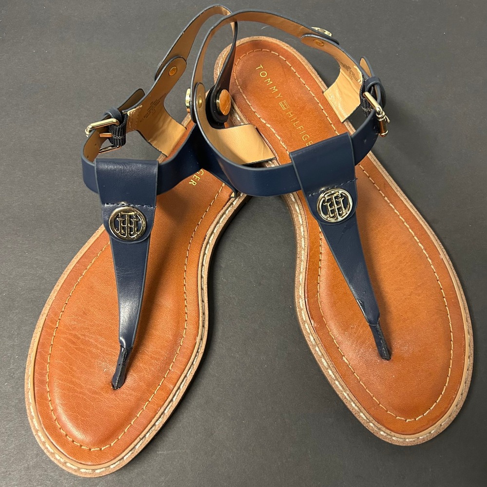 Tommy Hilfiger Bennia T-Strap Sandals Women's 8M Navy Blue Logo Thong Flat